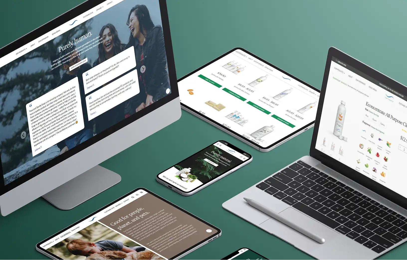 Desktop page visual design shown for Pure and Gentle Soap, Inc.