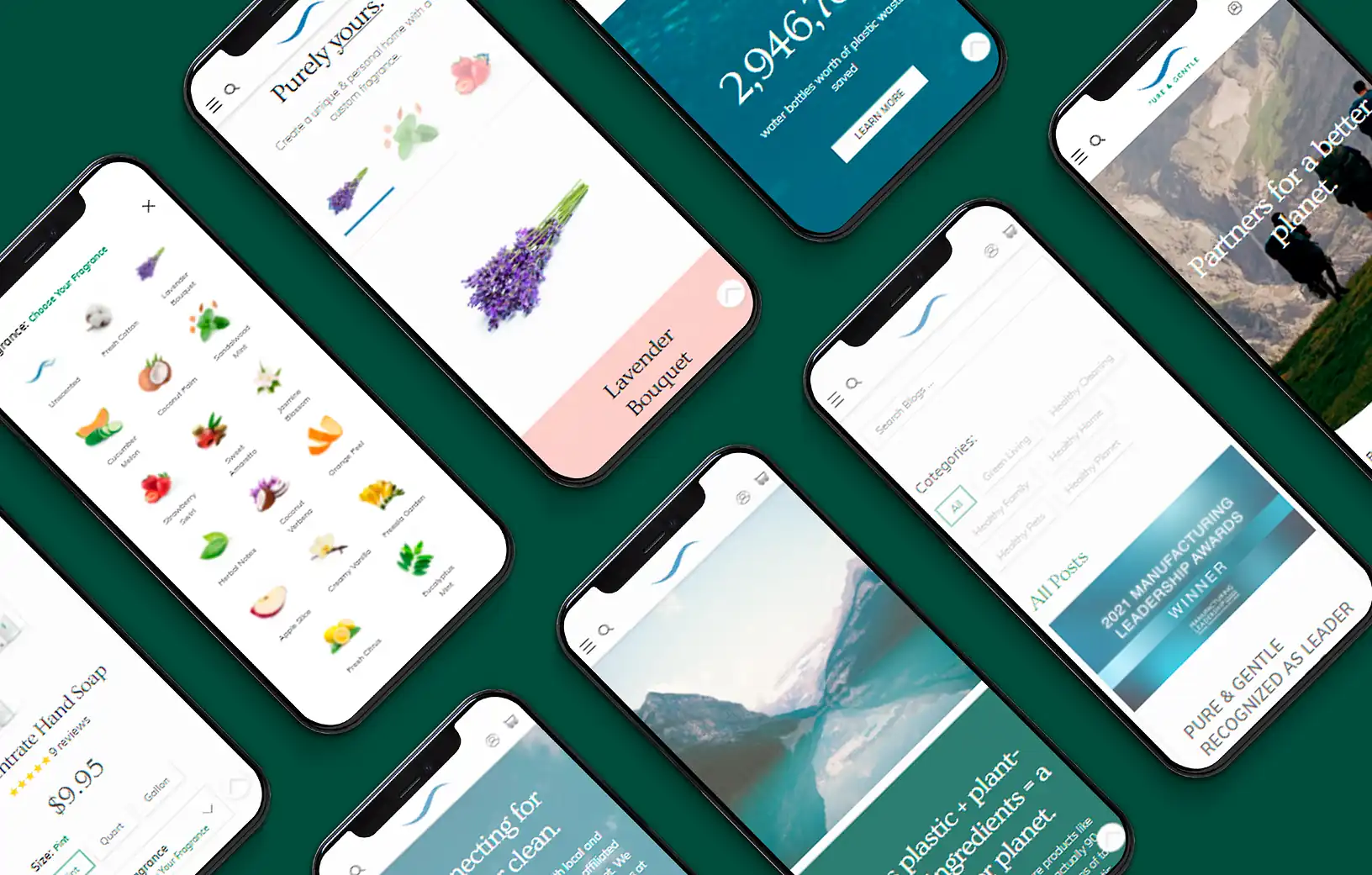 Visual display of mobile design pages for PureandGentleSoap.com