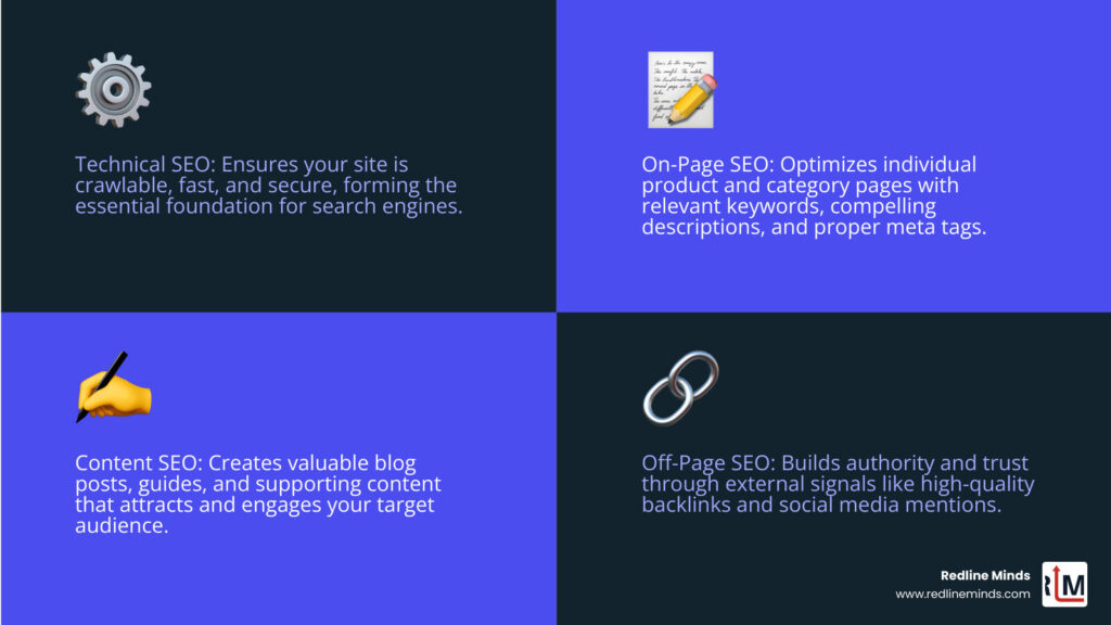 Infographic explaining the pillars of ecommerce SEO: Technical, On-Page, Content, and Off-Page - best seo tools for ecommerce infographic 4_facts_emoji_blue