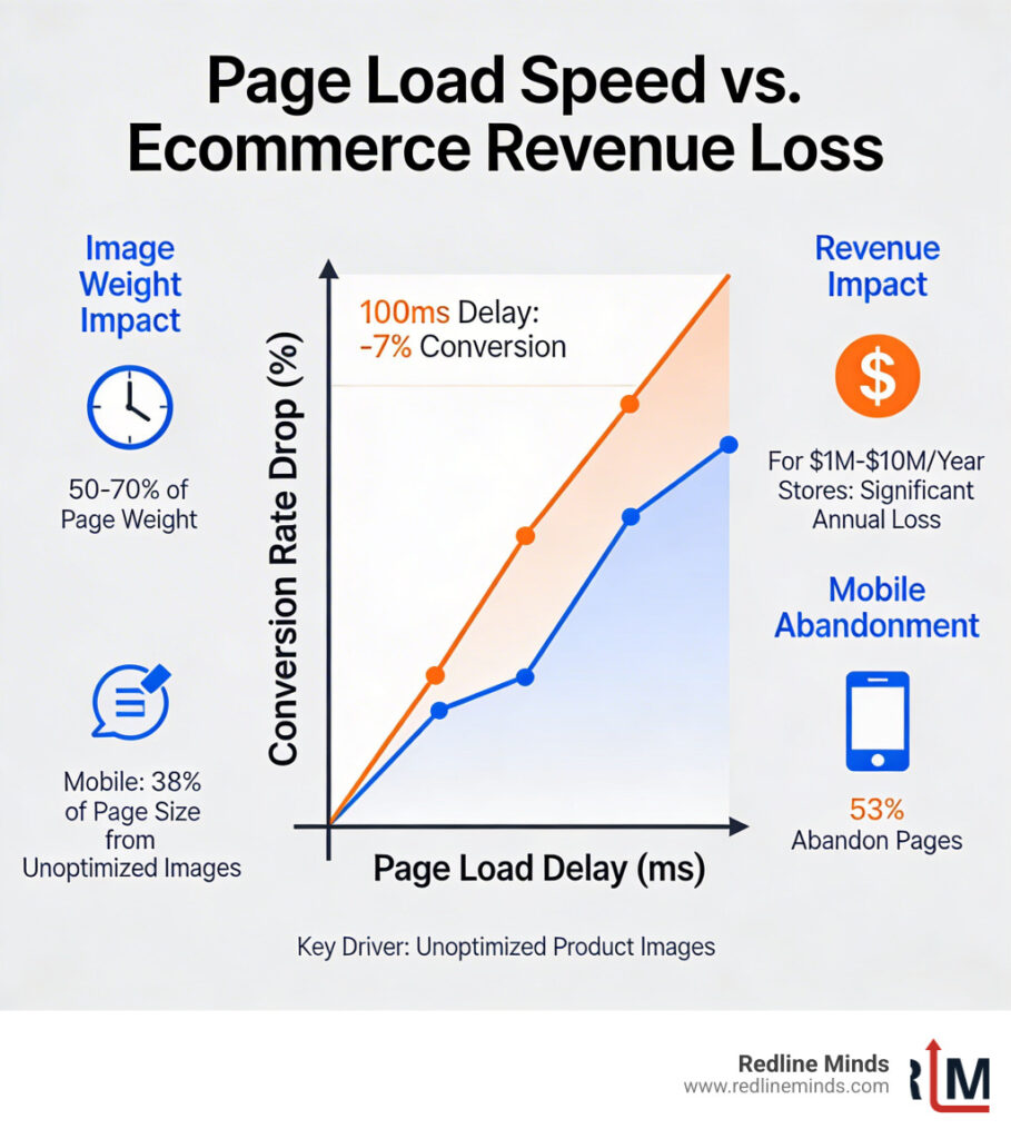 Infographic showing correlation between page load speed and ecommerce revenue loss - image optimization ecommerce sites