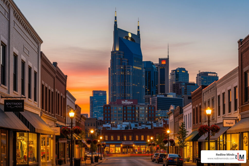 Nashville skyline and local retail district at dusk - Tennessee retail web design
