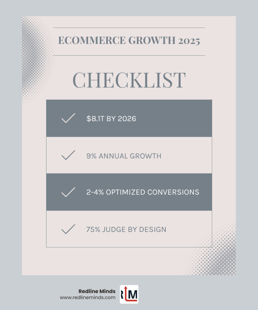Infographic showing the 2026 ecommerce growth trajectory: global market size from $4.9T in 2021 to projected $8.1T by 2026 at 9% CAGR, average conversion rates for optimized vs standard ecommerce sites (2-4% vs 1-1.5%), 75% of users judging brand credibility by website design, and the strategic approach of top-tier ecommerce design and development agencies for 2026 - ecommerce website design and development services infographic checklist-light-blue-grey