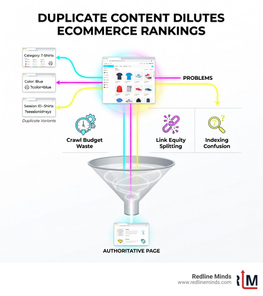 Infographic showing how duplicate content dilutes ecommerce rankings through crawl budget waste, link equity splitting, and