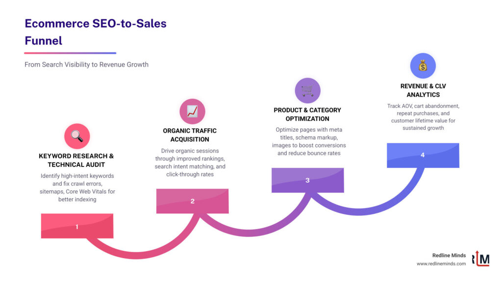 Infographic showing the ecommerce SEO-to-sales funnel: starting from keyword research and technical SEO audit at the top, flowing down through organic search visibility and traffic acquisition in the middle, then splitting into product page optimization and category page optimization, converging into conversion tracking and checkout funnel analysis, and ending at the bottom with revenue attribution, CLV measurement, and repeat purchase analytics - with KPI labels like organic sessions, conversion rate, AOV, and CLV at each stage - ecommerce SEO analytics infographic step-infographic-4-steps