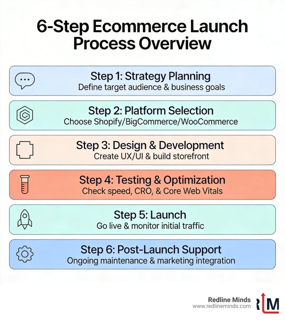 6-step ecommerce launch process overview infographic - ecommerce website services infographic 