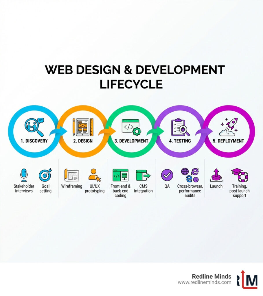 Web design and development lifecycle infographic showing five stages: Discovery (stakeholder interviews, goal setting), Design (wireframing, UI/UX prototyping), Development (front-end and back-end coding, CMS integration), Testing (QA, cross-browser, performance audits), and Deployment (launch, training, post-launch support) — displayed as a horizontal flowchart with icons for each phase - web design and development company infographic