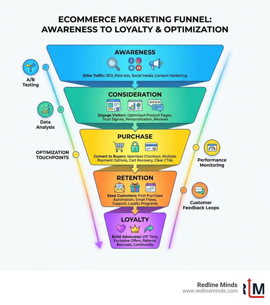 Ecommerce marketing funnel from awareness to loyalty with key optimization touchpoints - ecommerce marketing optimization