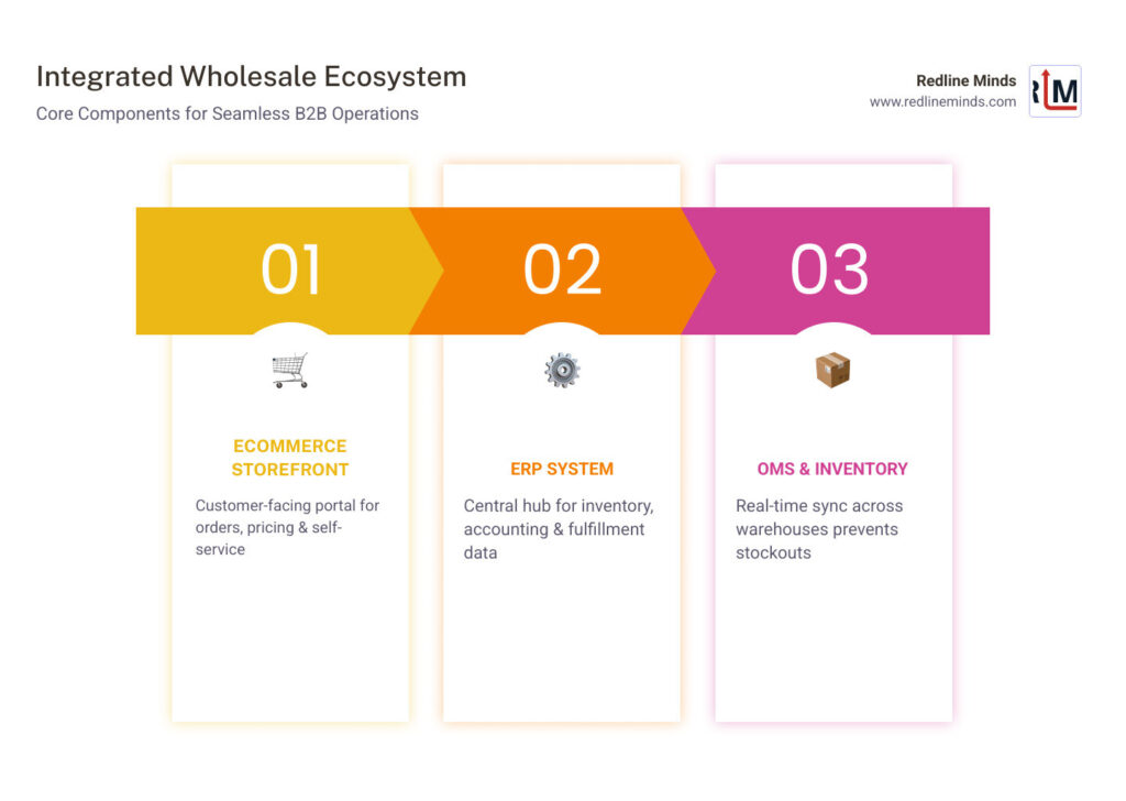 Diagram showing integrated wholesale ecosystem with ERP, CRM, OMS, inventory, and ecommerce storefront - wholesale ecommerce