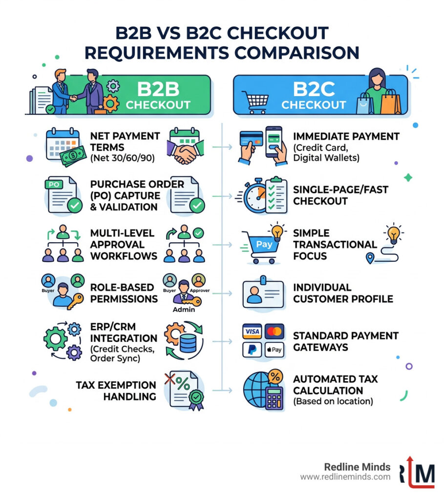B2B vs B2C checkout requirements comparison infographic - custom B2B checkout flow infographic 