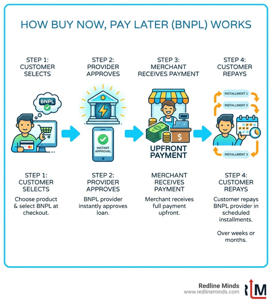 Step-by-step infographic showing the BNPL process: 1) Customer selects a product and chooses BNPL at checkout, 2) BNPL provider instantly approves the loan, 3) Merchant receives full payment upfront from the provider, 4) Customer repays the BNPL provider in scheduled installments over weeks or months, with icons and arrows connecting each step in a clean horizontal flow - buy now pay later solutions infographic 