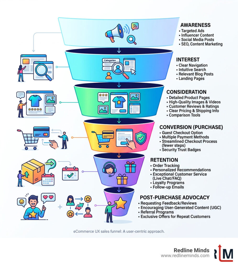 Ecommerce sales funnel showing UX touchpoints from awareness to post-purchase - UX design for online stores infographic 