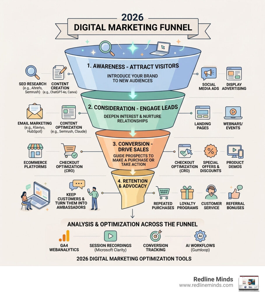 2026 digital marketing funnel infographic showing tools by funnel stage from awareness to conversion - digital-marketing