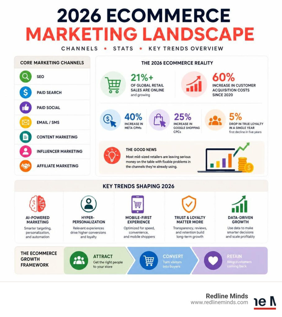 2026 ecommerce marketing landscape: channels, stats, and key trends overview infographic