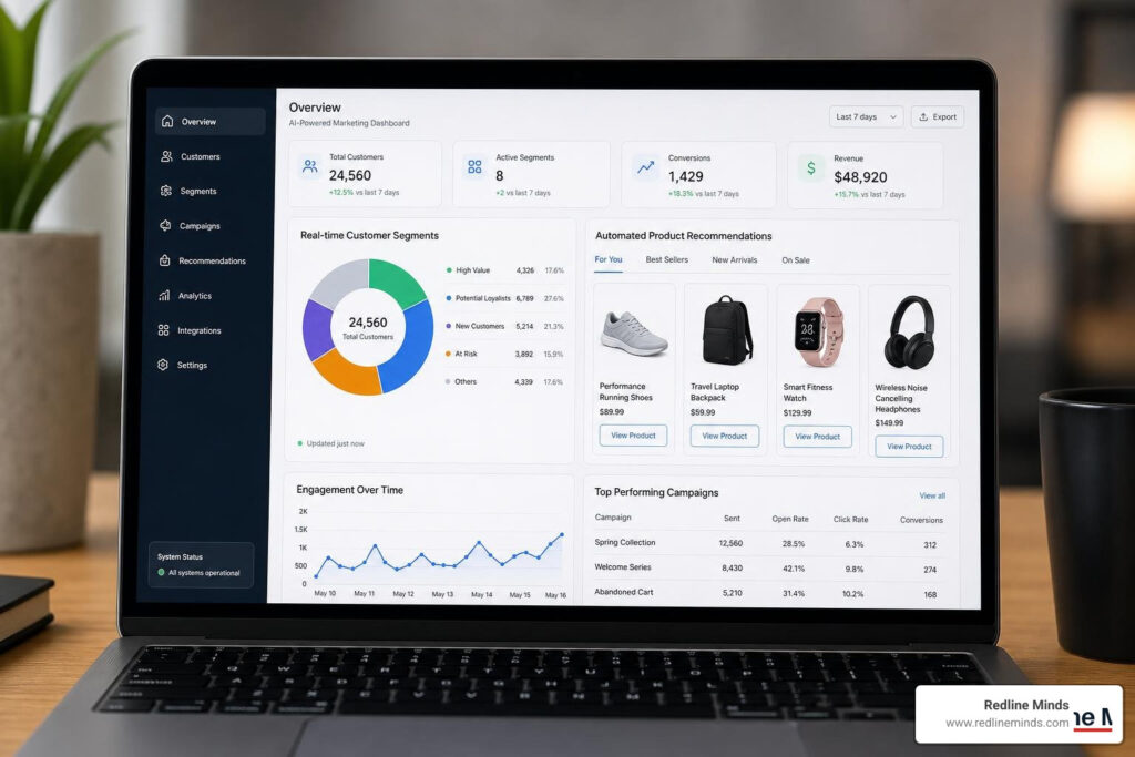 AI personalization dashboard showing real-time customer segments and automated product recommendations
