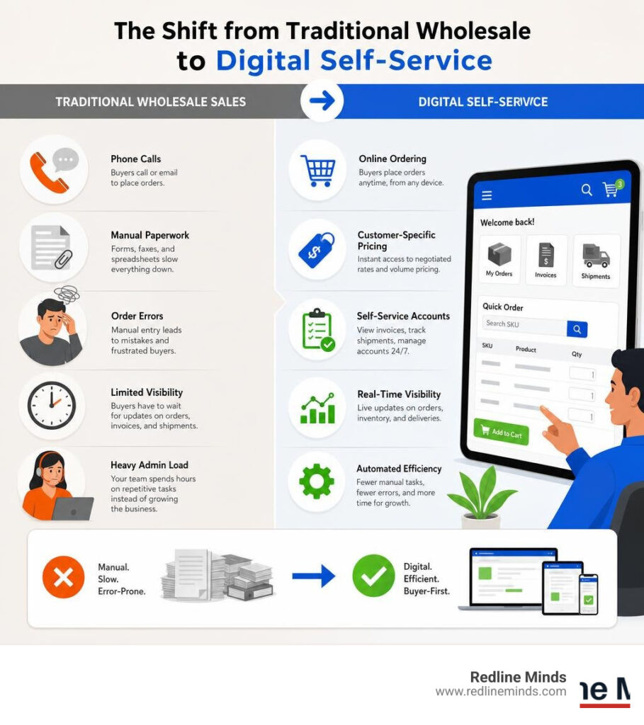 Infographic explaining the shift from traditional wholesale sales to digital self-service infographic