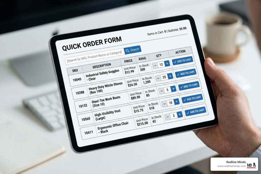 B2B quick-order form interface on a tablet