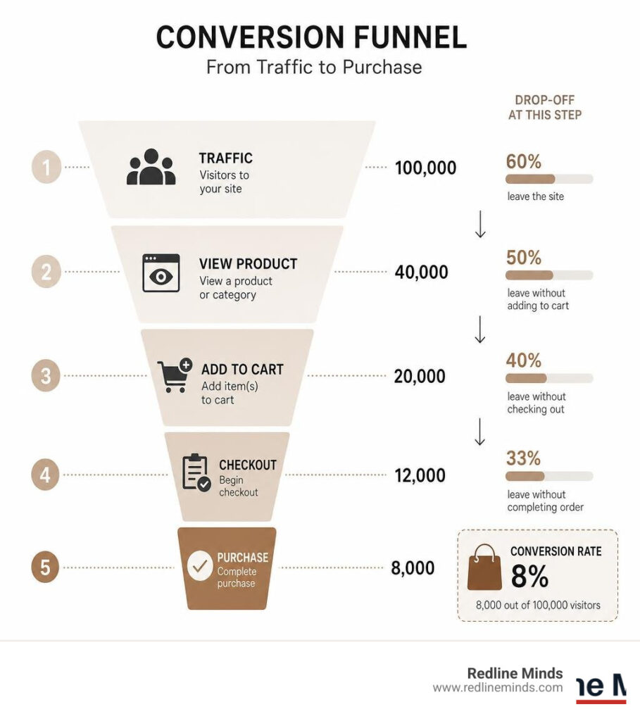 Conversion funnel showing stages from traffic to purchase with drop-off rates at each step infographic