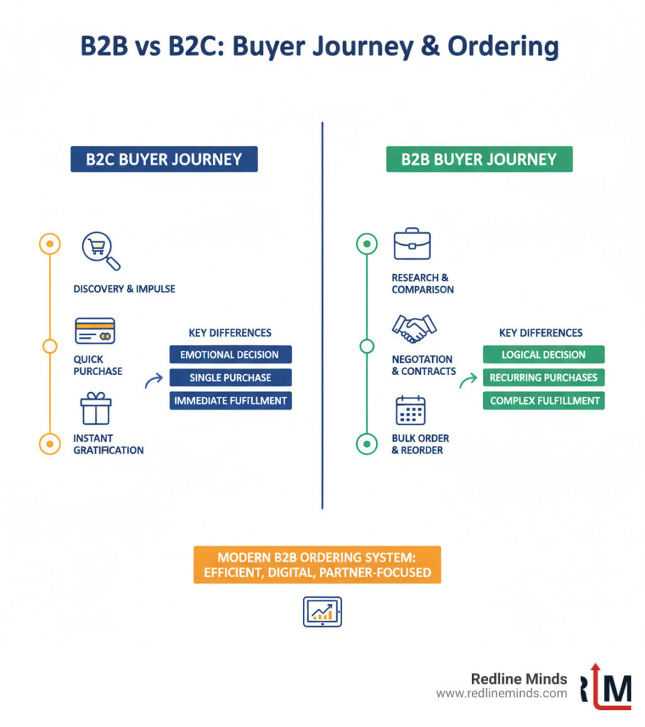 Infographic comparing B2B vs B2C buyer journey steps and key differences in ordering process - B2B online ordering system