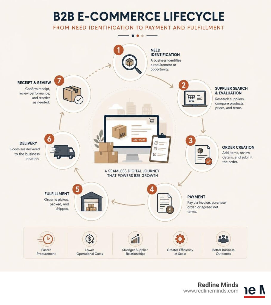 B2B e-commerce lifecycle from need identification to payment and fulfillment infographic
