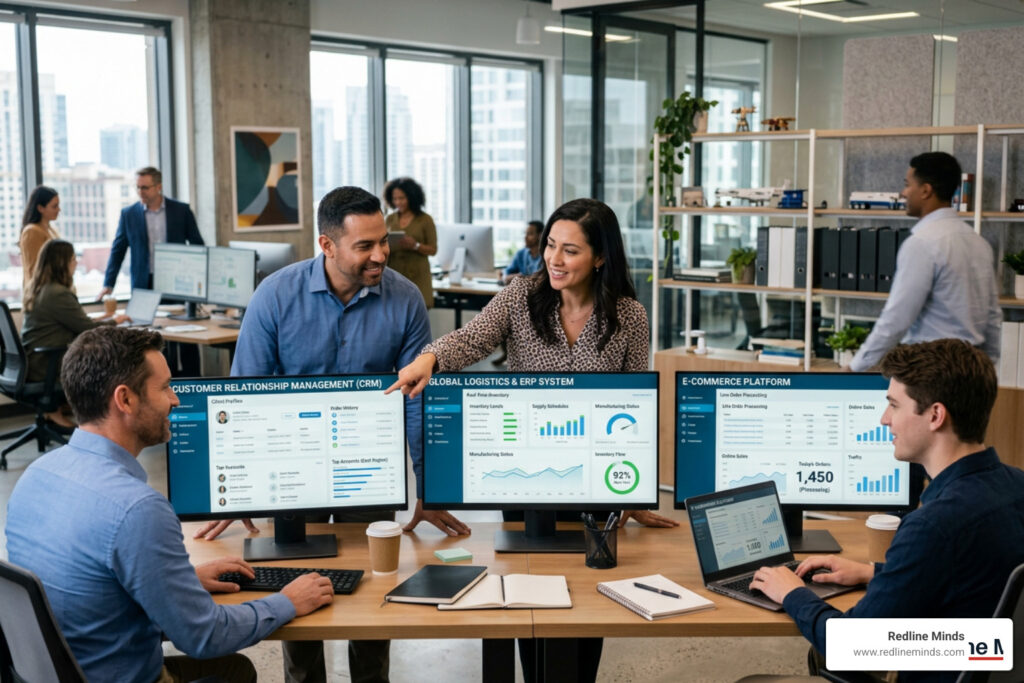 Integrated supply chain systems showing ERP, CRM, and e-commerce platforms working together