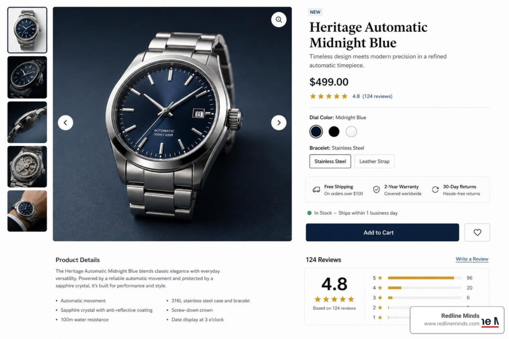 Product details layout with clear pricing, reviews, and high-quality image gallery