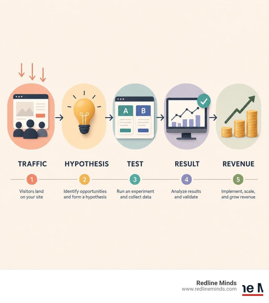 CRO process infographic: traffic to hypothesis to test to result to revenue infographic