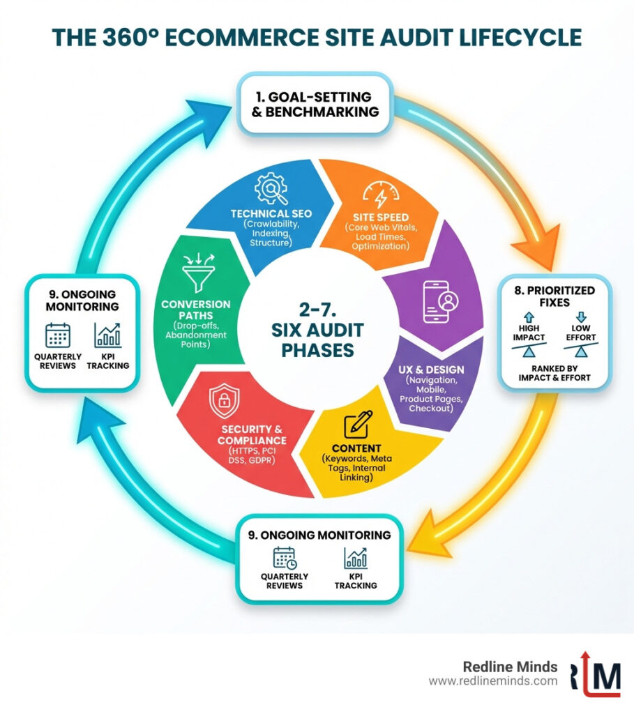 Infographic showing the 360-degree ecommerce site audit lifecycle: starting with goal-setting and benchmarking, moving through six audit phases (technical SEO, site speed, UX and design, content, security and compliance, conversion paths), then to prioritized fixes ranked by impact and effort, and finally to ongoing monitoring with quarterly reviews and KPI tracking — displayed as a circular process with arrows connecting each stage - ecommerce site audit infographic 