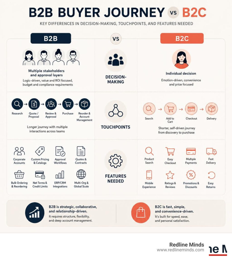 B2B buyer journey vs B2C: key differences in decision-making, touchpoints, and features needed infographic