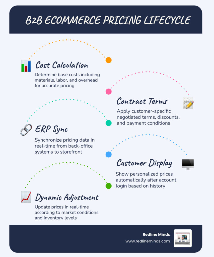 B2B ecommerce pricing lifecycle from cost calculation to ERP sync to customer-specific display infographic