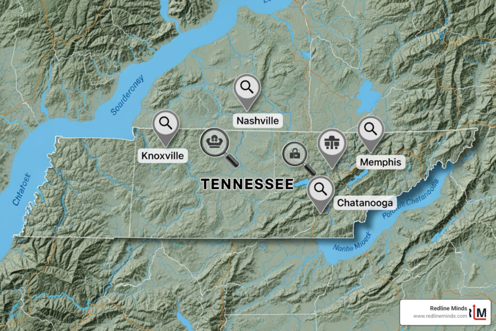Tennessee map with search icons over major cities like Nashville and Knoxville - ecommerce local SEO Tennessee