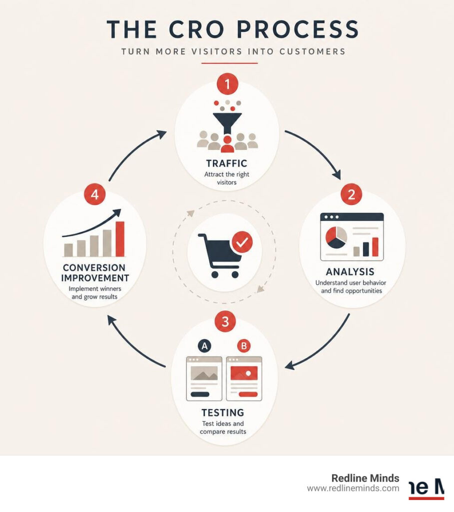 CRO process infographic showing traffic, analysis, testing, and conversion improvement steps infographic