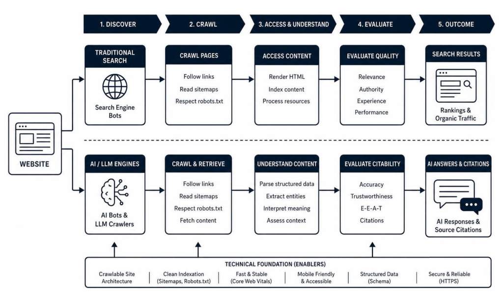 Technical SEO crawl paths and AI engine accessibility flow
