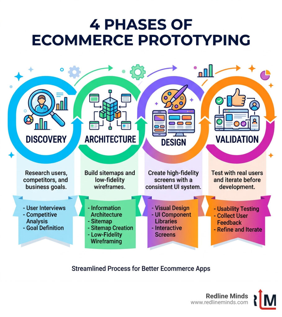 4 phases of ecommerce prototyping: Discovery, Architecture, Design, and Validation - UX UI ecommerce prototype infographic