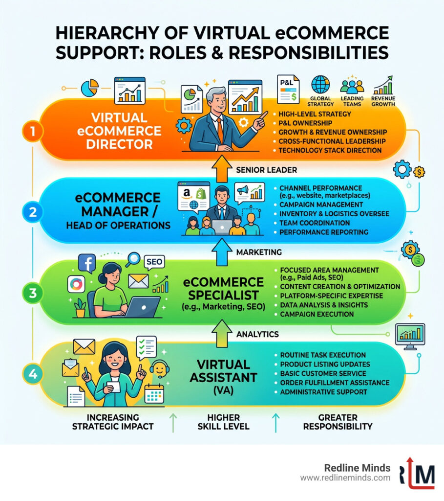 Hierarchy of virtual eCommerce support from VA to Director levels with roles and responsibilities - virtual ecommerce
