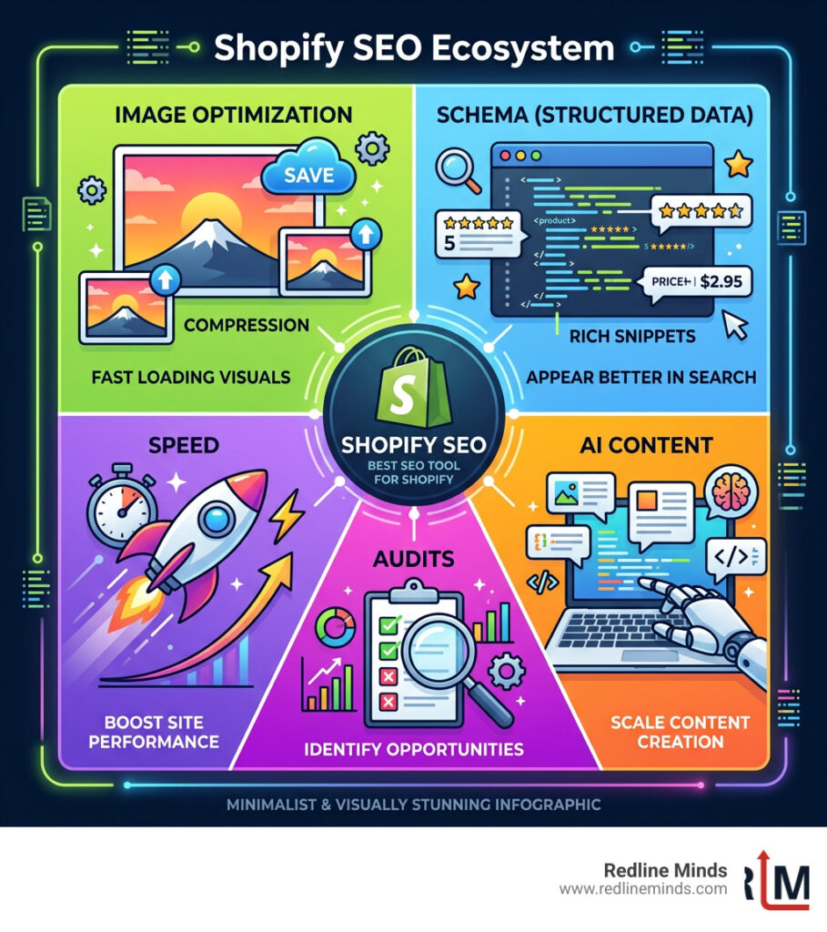 Shopify SEO ecosystem showing app categories: image optimization, schema, AI content, speed, and audits - best seo tool for