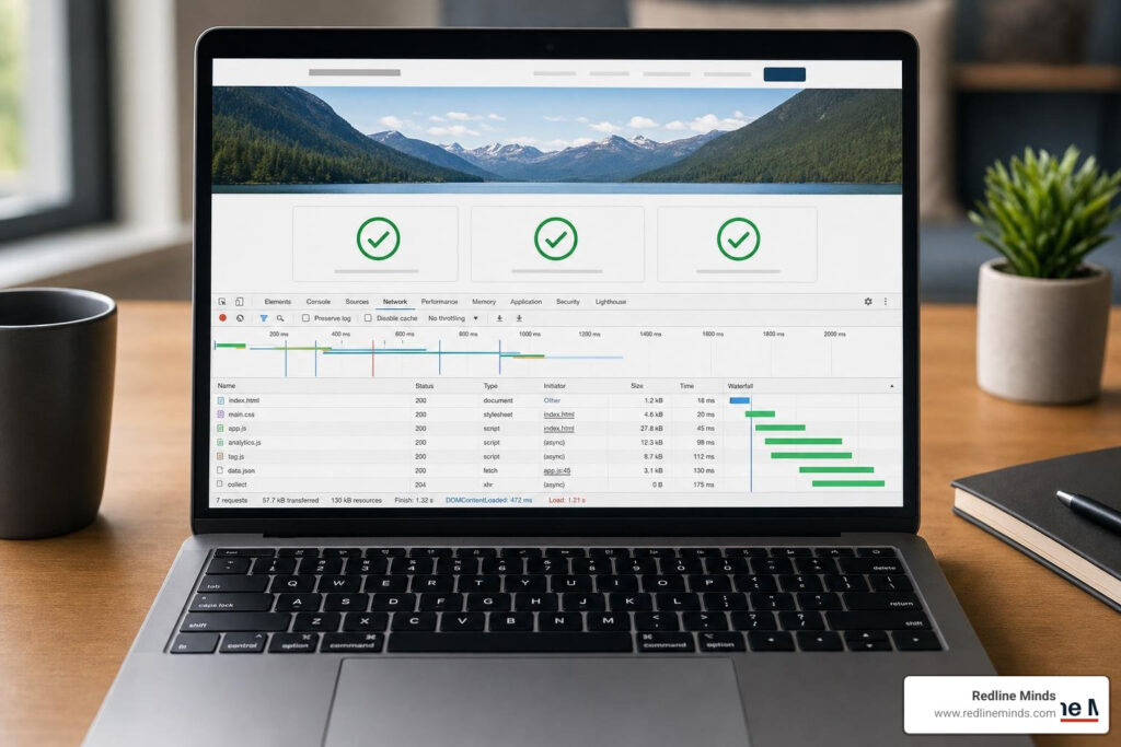 website performance optimization showing asynchronous script loading and fast Core Web Vitals