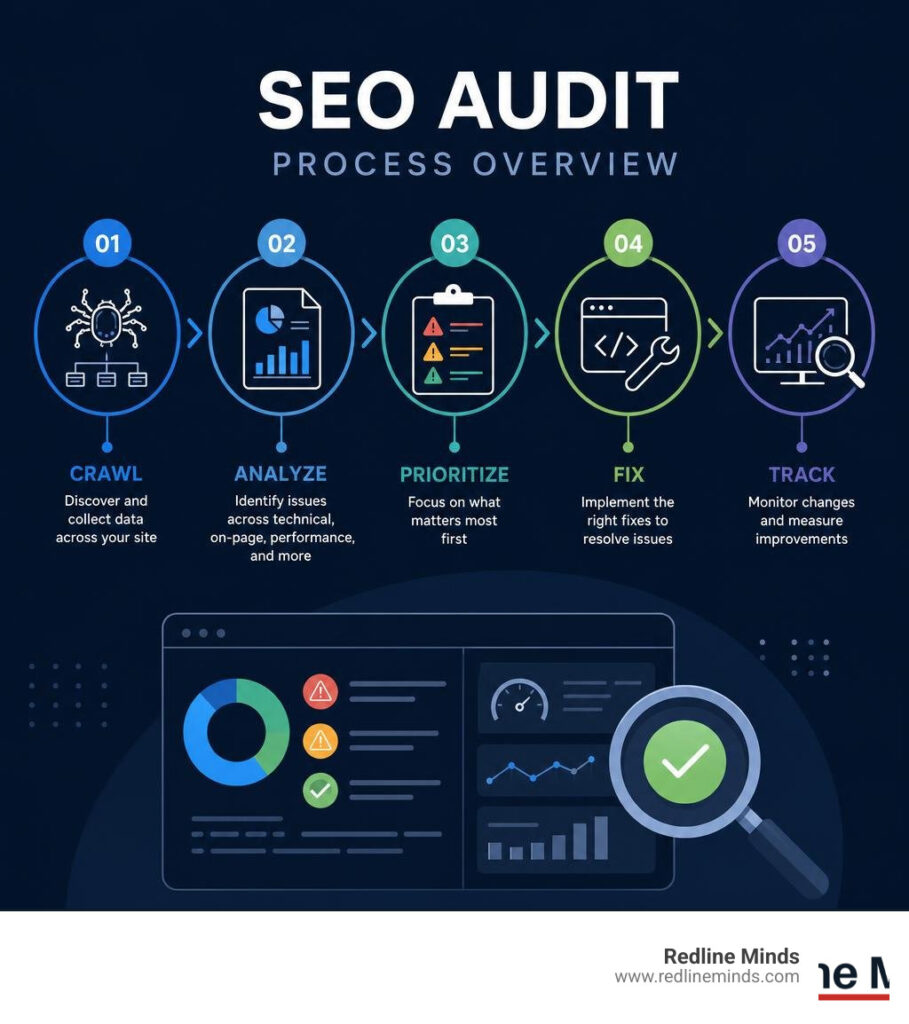 SEO audit process overview: crawl, analyze, prioritize, fix, track infographic