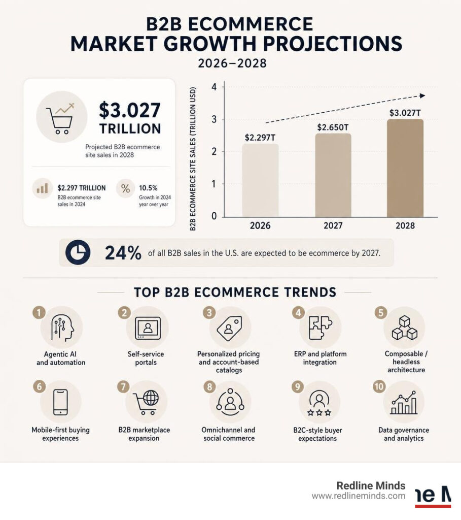 B2B ecommerce market growth projections and top trends for 2026 through 2028 infographic