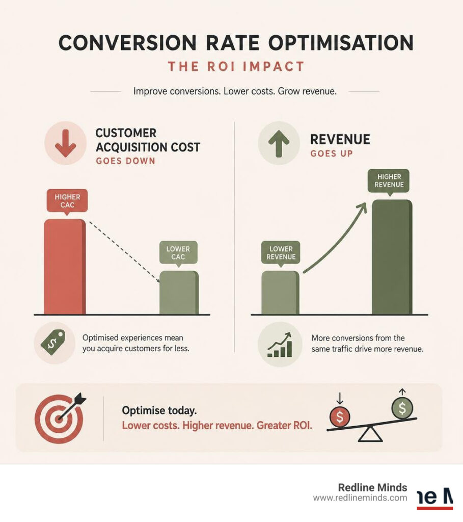 conversion rate ROI metrics showing drop in customer acquisition cost and surge in revenue infographic