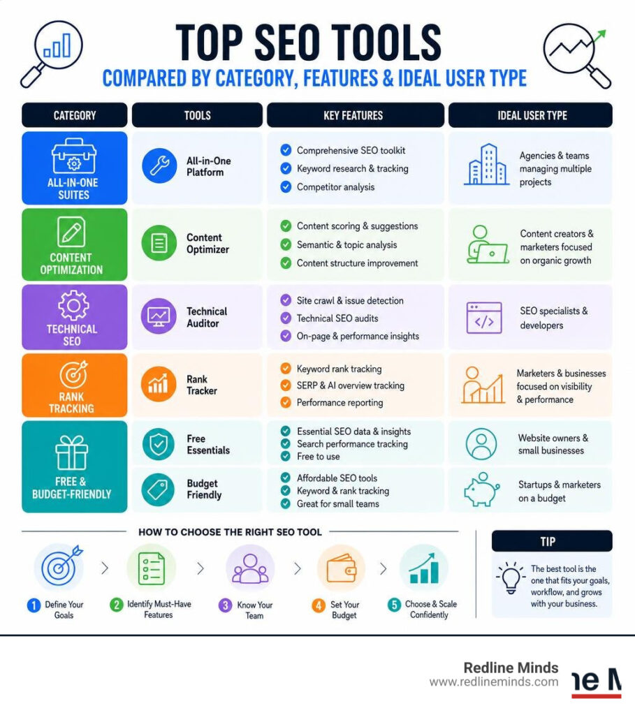 Top SEO tools compared by category, features, and ideal user type infographic