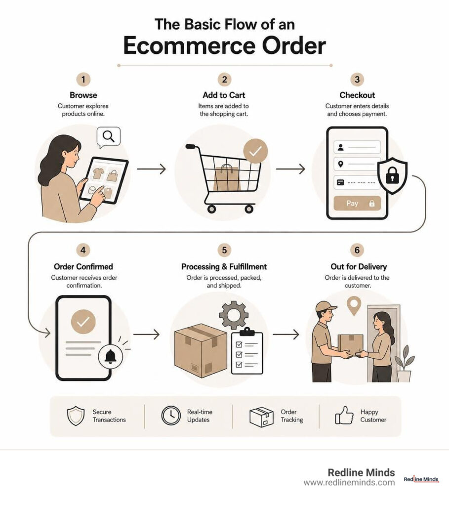 basic flow of an ecommerce order from browsing to delivery infographic infographic