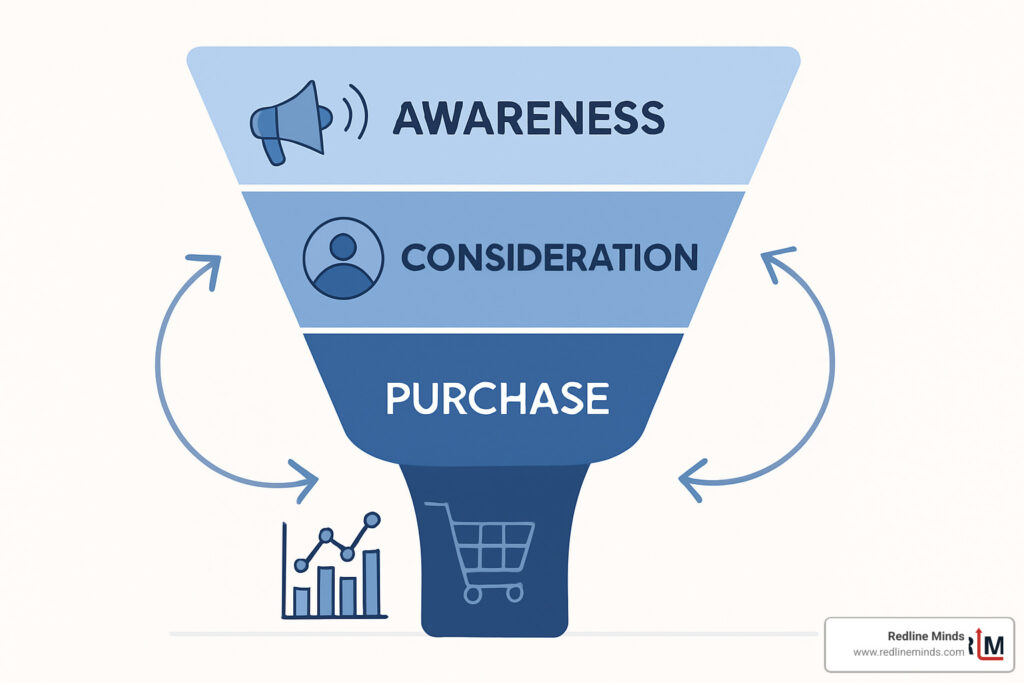 optimized sales funnel showing smooth customer journey from awareness through purchase with continuous improvement cycle - conversion rate optimization tools