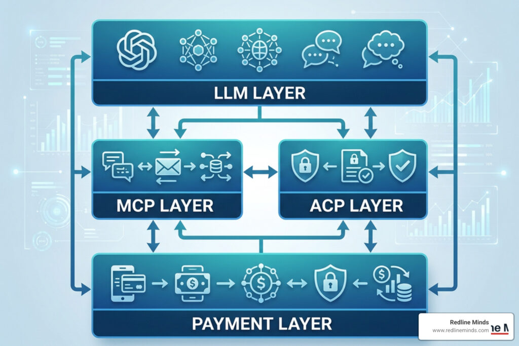 Diagram of the agentic commerce protocol stack showing the relationship between LLMs, MCP, ACP, and the payment layer