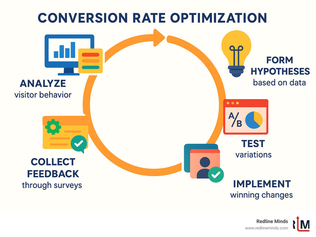 Comprehensive infographic showing the CRO optimization loop: Analyze visitor behavior with analytics and heatmaps, Form hypotheses based on data insights, Test variations using A/B testing platforms, Collect feedback through surveys and user testing, Implement winning changes and personalization, then repeat the cycle for continuous improvement - conversion rate optimization tools infographic