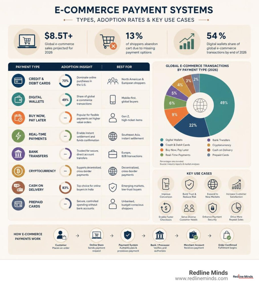 Overview infographic of e-commerce payment system types, adoption rates, and key use cases infographic