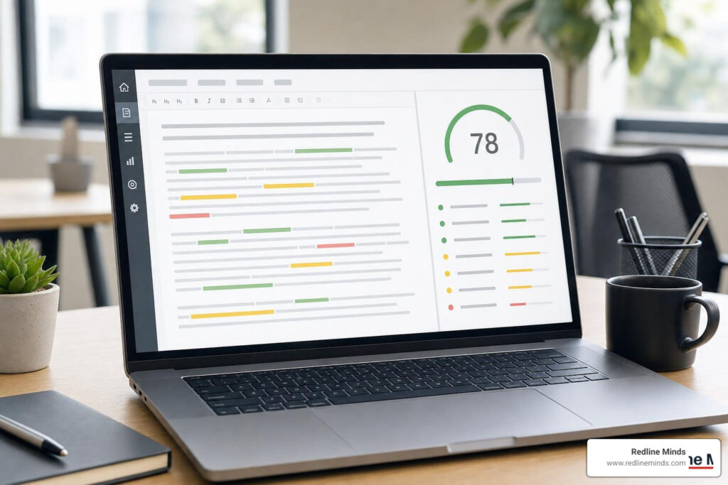 On-page content optimization interface showing NLP terms and real-time SEO scoring