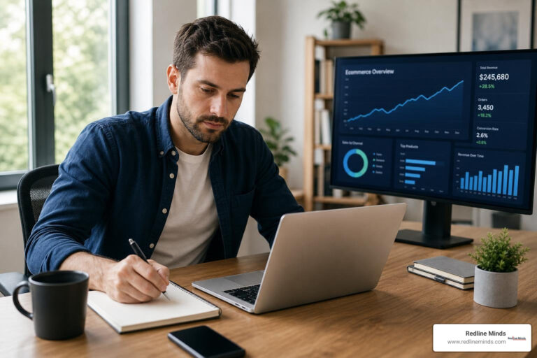 entrepreneur brainstorming product ideas at a desk with ecommerce growth charts