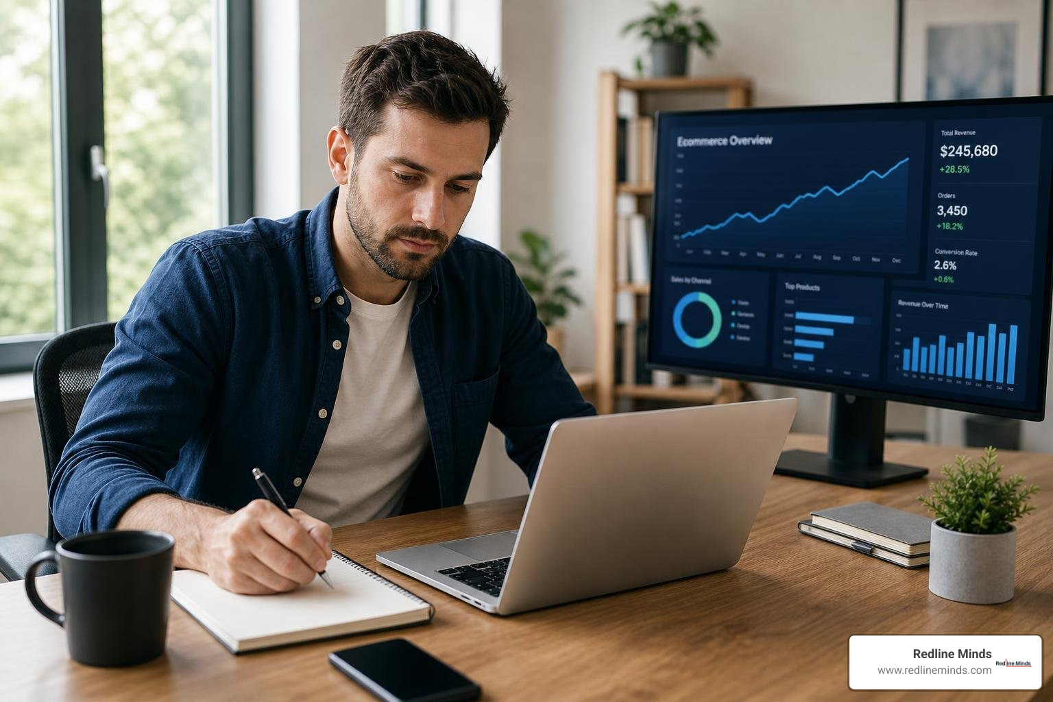 entrepreneur brainstorming product ideas at a desk with ecommerce growth charts