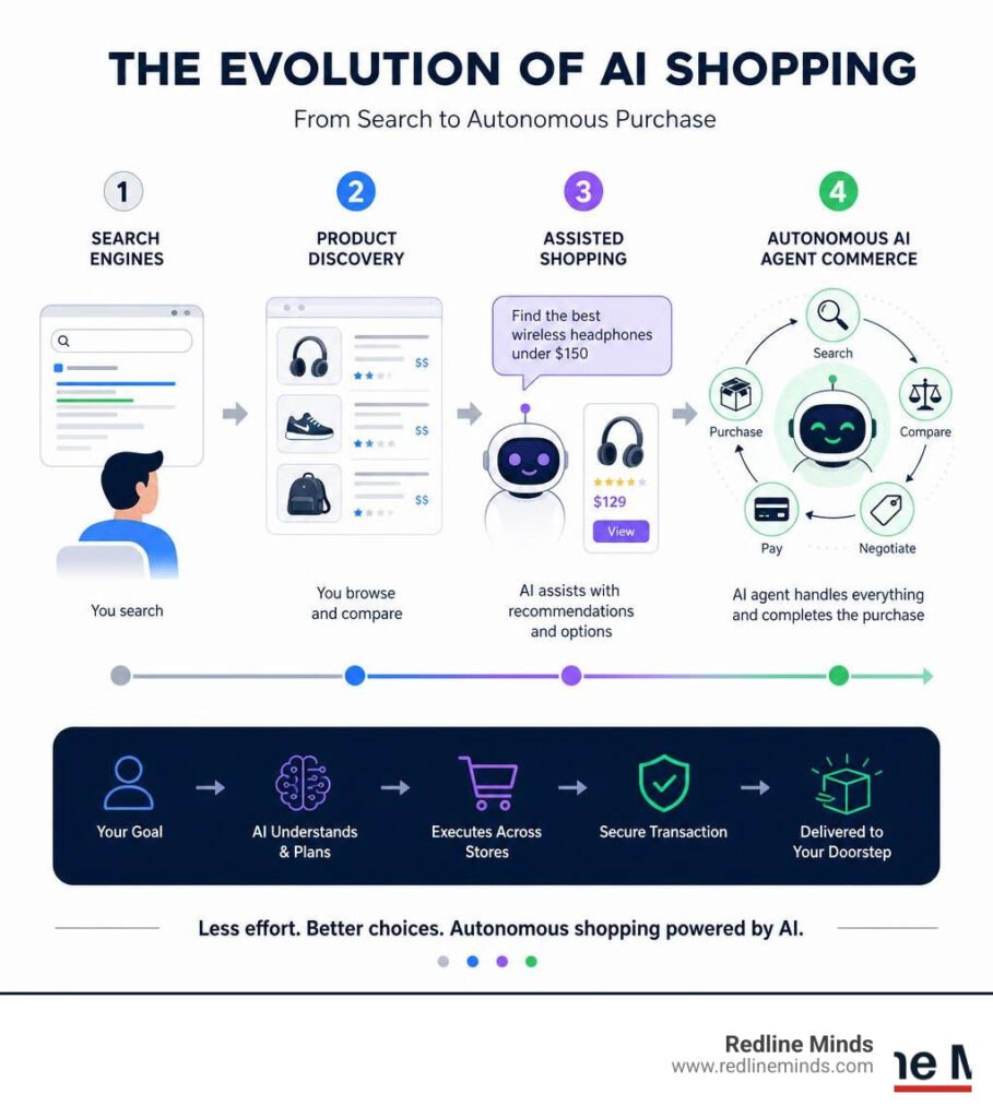 Infographic showing evolution of AI shopping from search engines to autonomous AI agents completing purchases infographic
