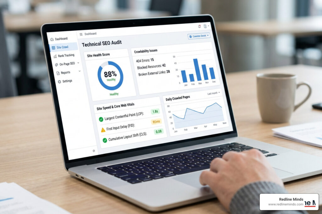 Technical SEO audit report screen highlighting site health, crawlability, and speed metrics